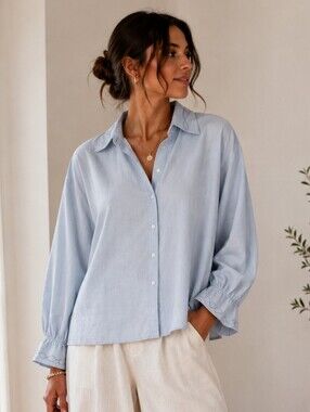100% Linen Blue Embroidered Button Down Relaxed Light Blue Shirt Cleopatra M